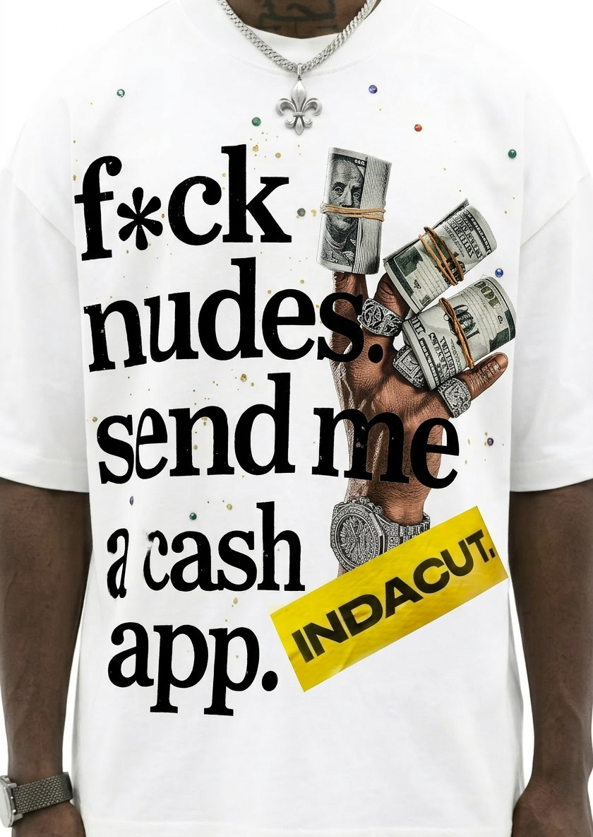 White t-shirt with black text and money graphic, featuring the brand 'INDACUT'.